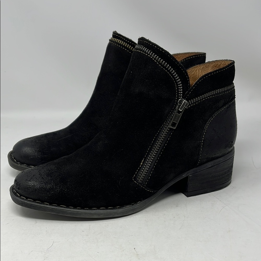BORN Malta Bootie Black Suede Leather Distressed Zip Moto Sz 8 Made in Mexico